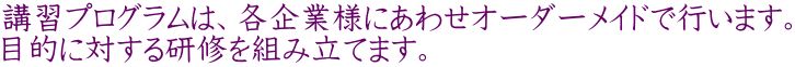 講習プログラムは、各企業様にあわせオーダーメイドで行います。 目的に対する研修を組み立てます。